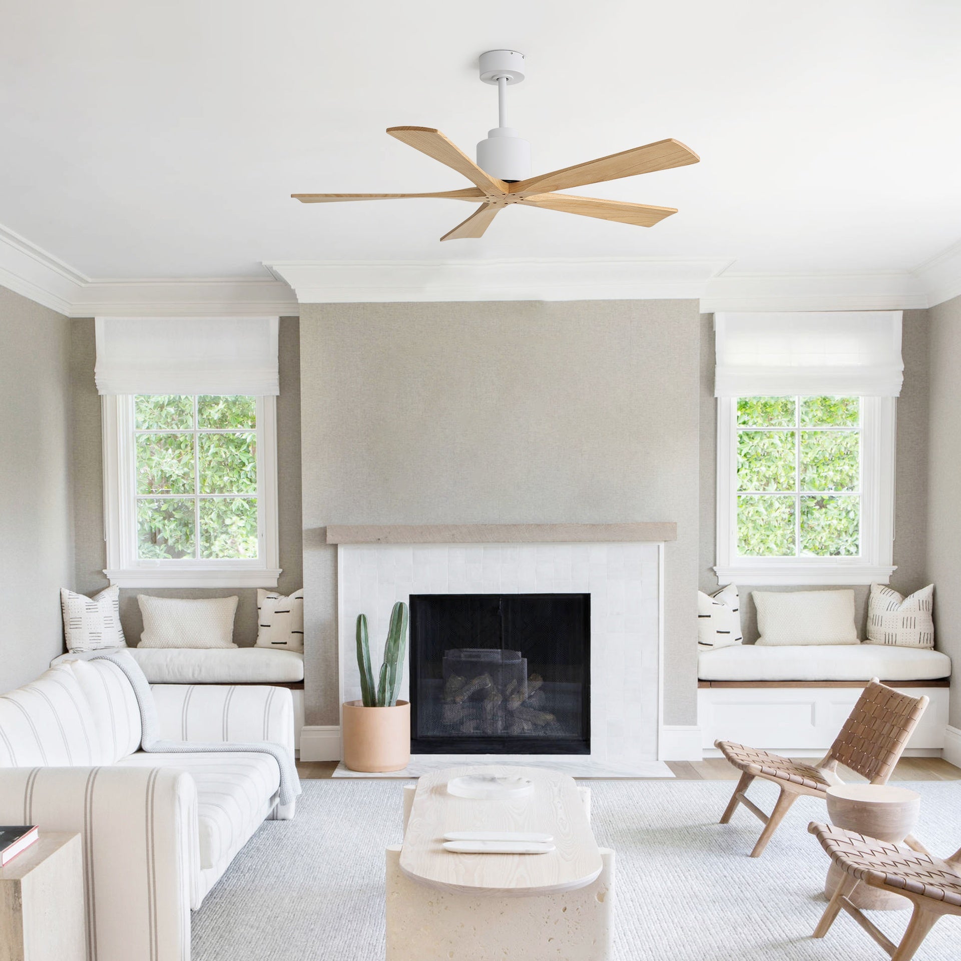 52 Inch Matte White Ceiling Fan (No Light) with Natural Solid Wood Blades - Reversible DC Motor for Bedroom & Living room