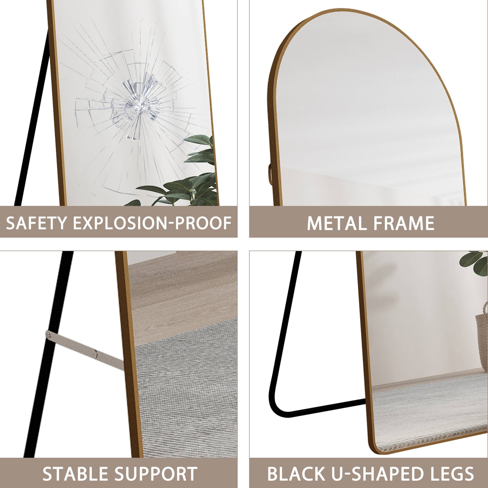 The 4st generation of floor mounted full length mirrors. Aluminum alloy metal frame arched wall mirror, bathroom makeup mirror, bedroom porch, clothing store.Gold Frame.64.9 "* 23.2"