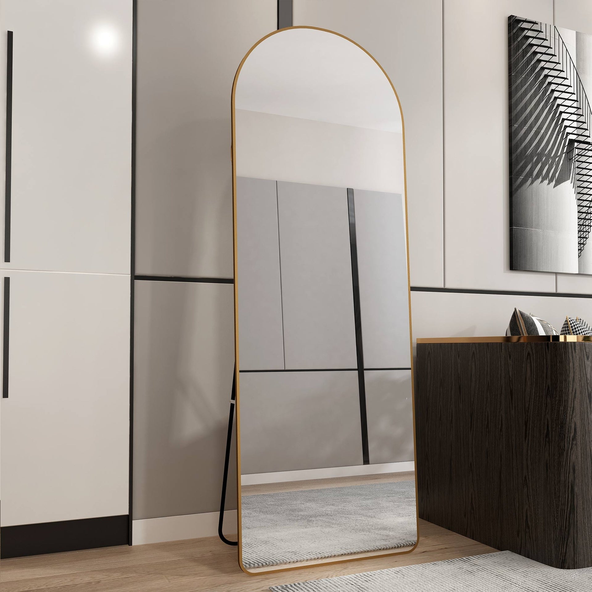 The 4st generation of floor mounted full length mirrors. Aluminum alloy metal frame arched wall mirror, bathroom makeup mirror, bedroom porch, clothing store.Gold Frame.64.9 "* 23.2"