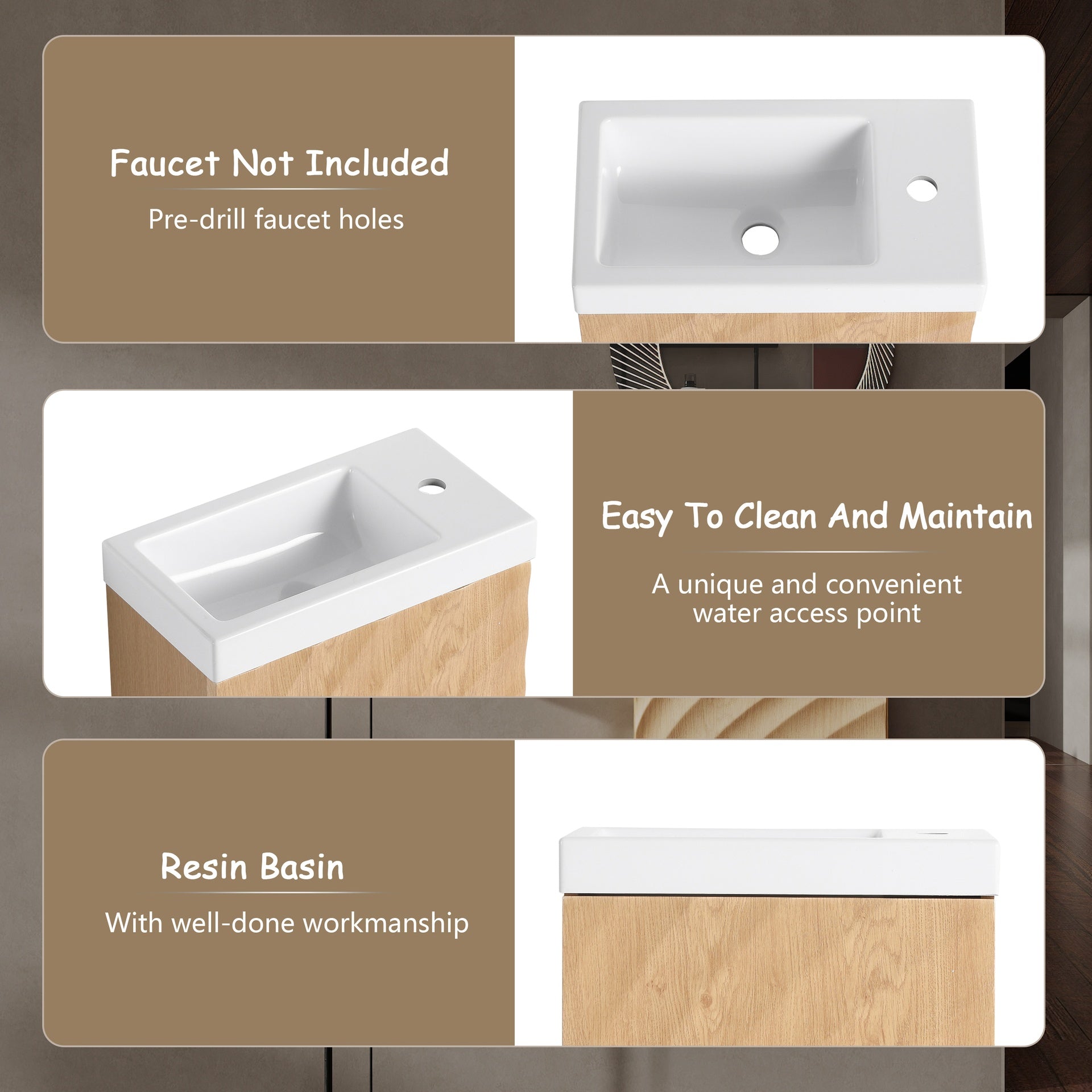 18.5" Wall-Mounted Bathroom Vanity with Resin Sink, Soft Closed Single Door, MDF, Nature Wood (KD-Packing)