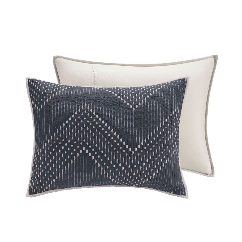 3 Piece Embroidered Cotton Quilt Set Navy King/Cal King