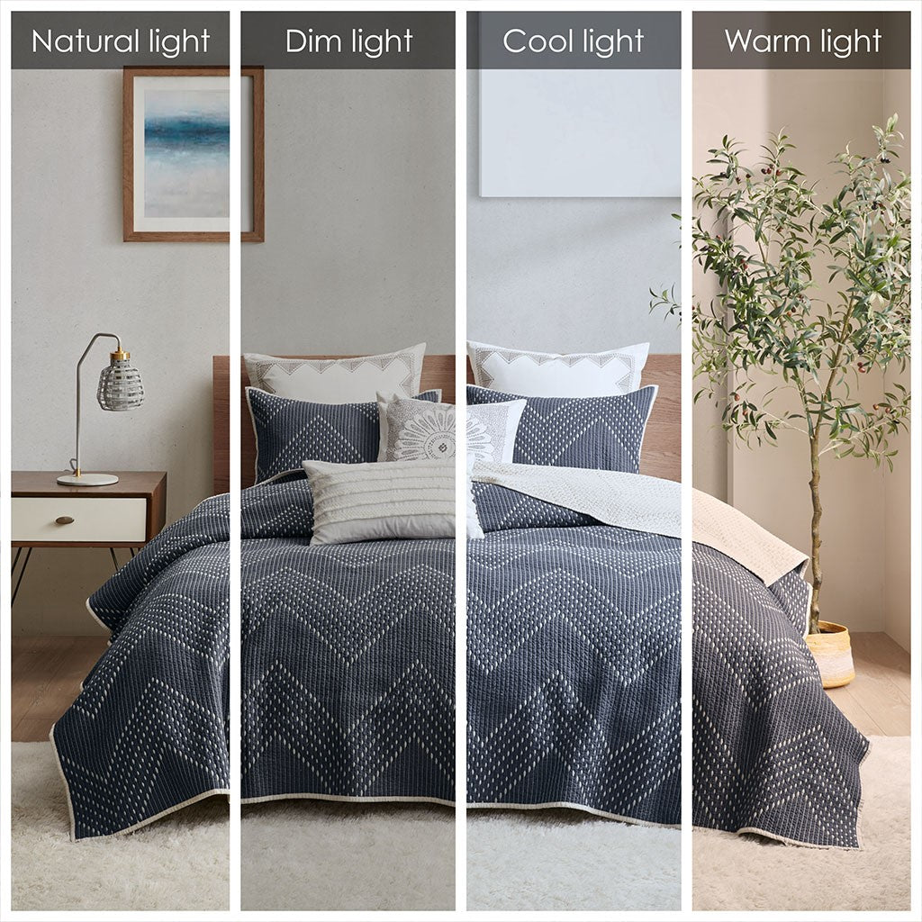 3 Piece Embroidered Cotton Quilt Set Navy King/Cal King
