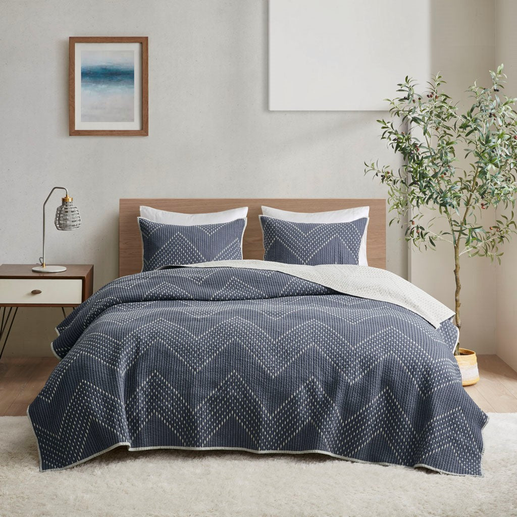 3 Piece Embroidered Cotton Quilt Set Navy King/Cal King