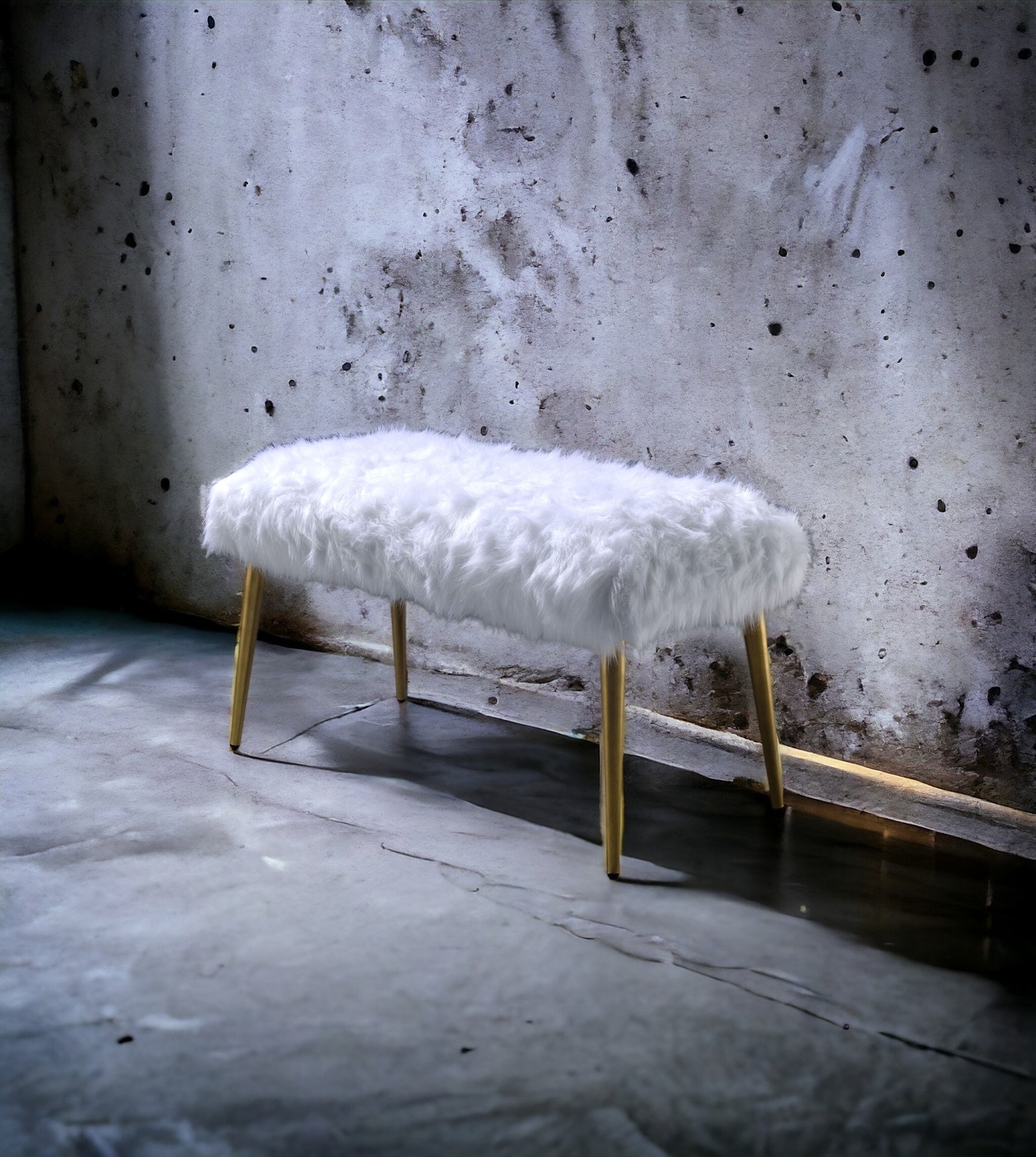 Bagley II White Faux Fur & Gold Finish Bench