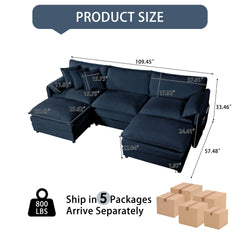 Modular Sectional Sofa, Oversized Deep Seat U Shaped Couch Set for Living Room, 3-Seater Comfy Cloud Couches with 2 Movable Ottomans, DIY Combination, Chenille,Blue