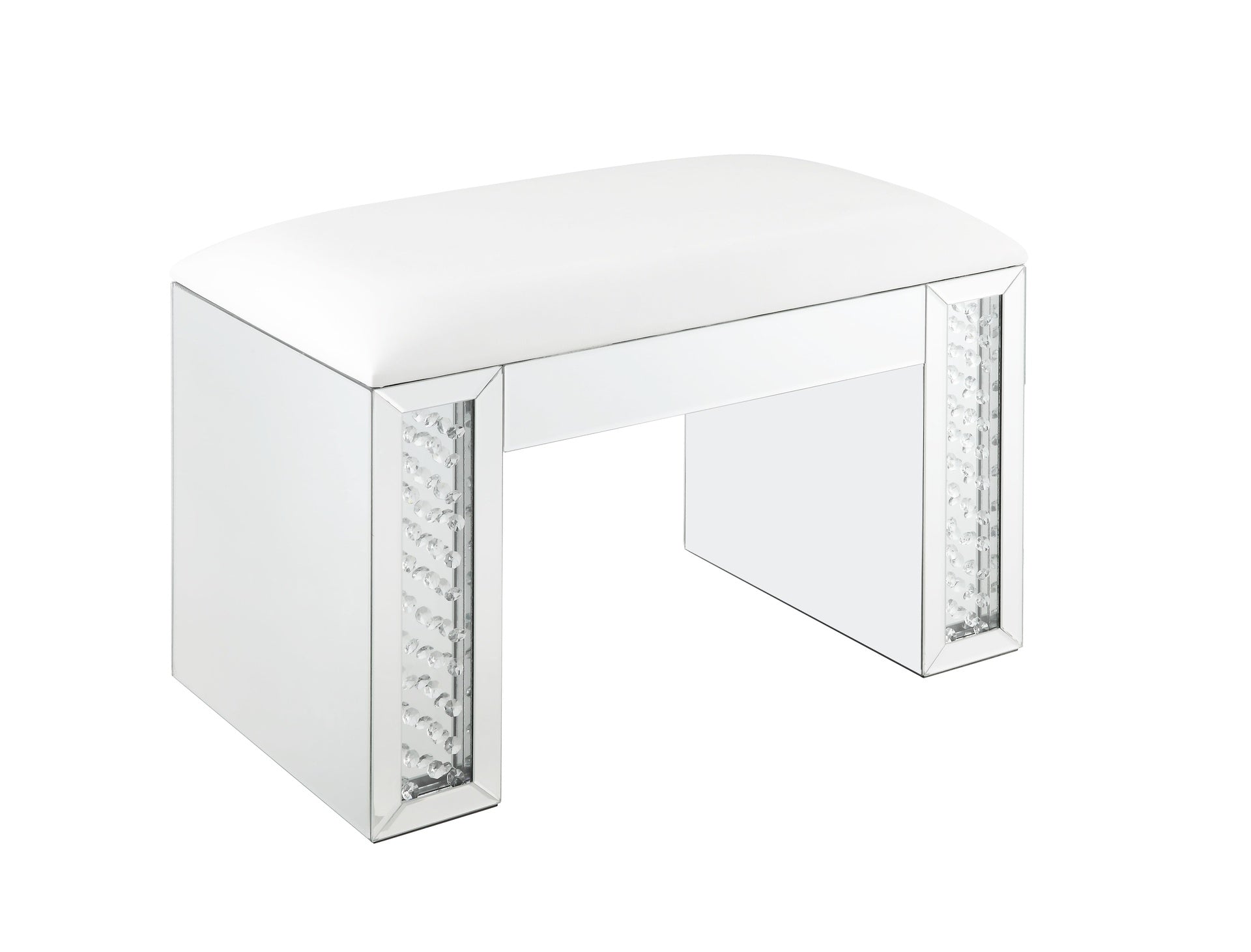 Nysa Ivory Synthetic Leather , Mirrored & Faux Crystals Vanity Stool (Assembled)
