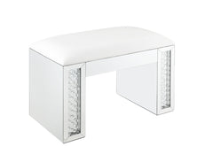 Nysa Ivory Synthetic Leather , Mirrored & Faux Crystals Vanity Stool (Assembled)