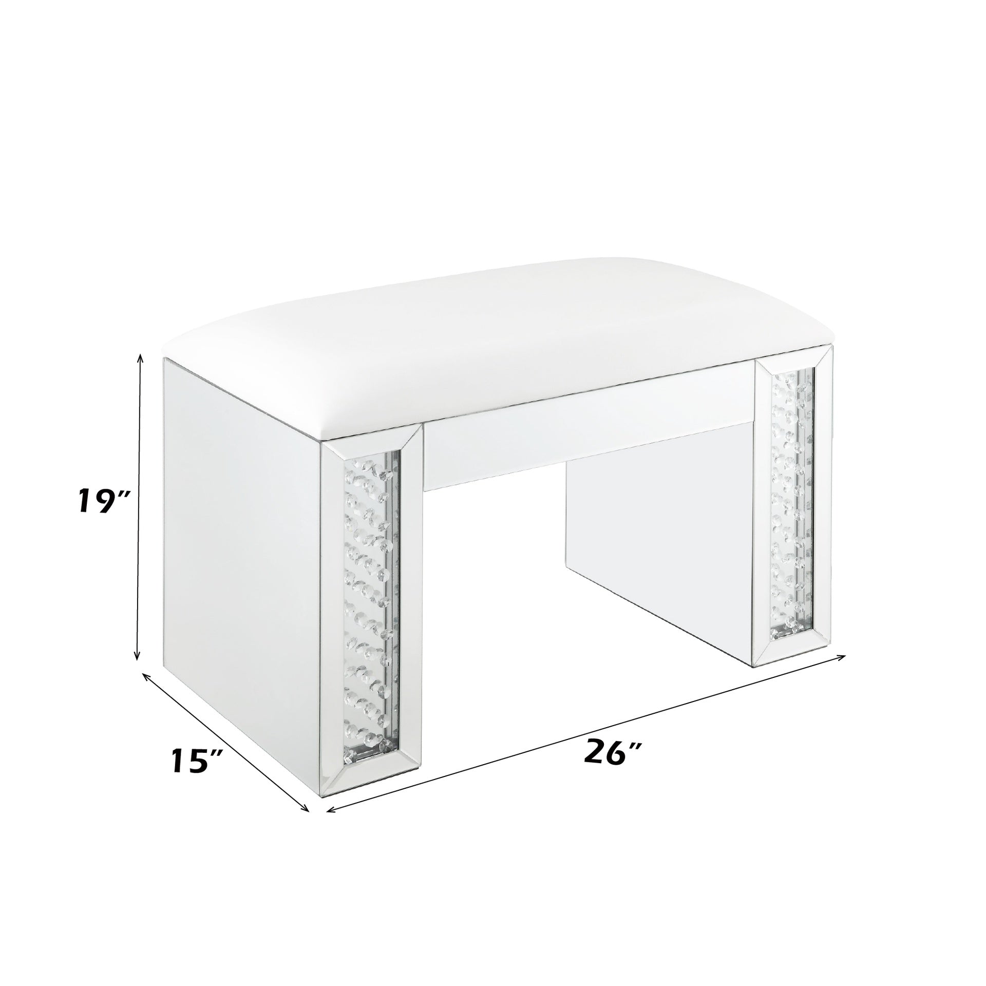 Nysa Ivory Synthetic Leather , Mirrored & Faux Crystals Vanity Stool (Assembled)