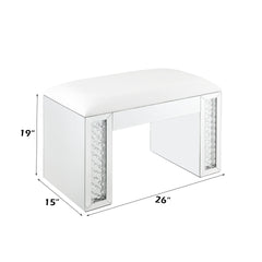 Nysa Ivory Synthetic Leather , Mirrored & Faux Crystals Vanity Stool (Assembled)