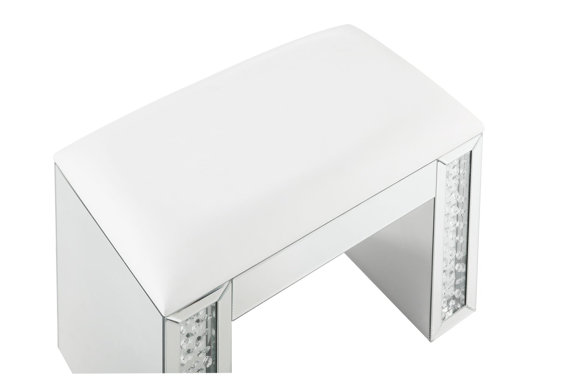 Nysa Ivory Synthetic Leather , Mirrored & Faux Crystals Vanity Stool (Assembled)