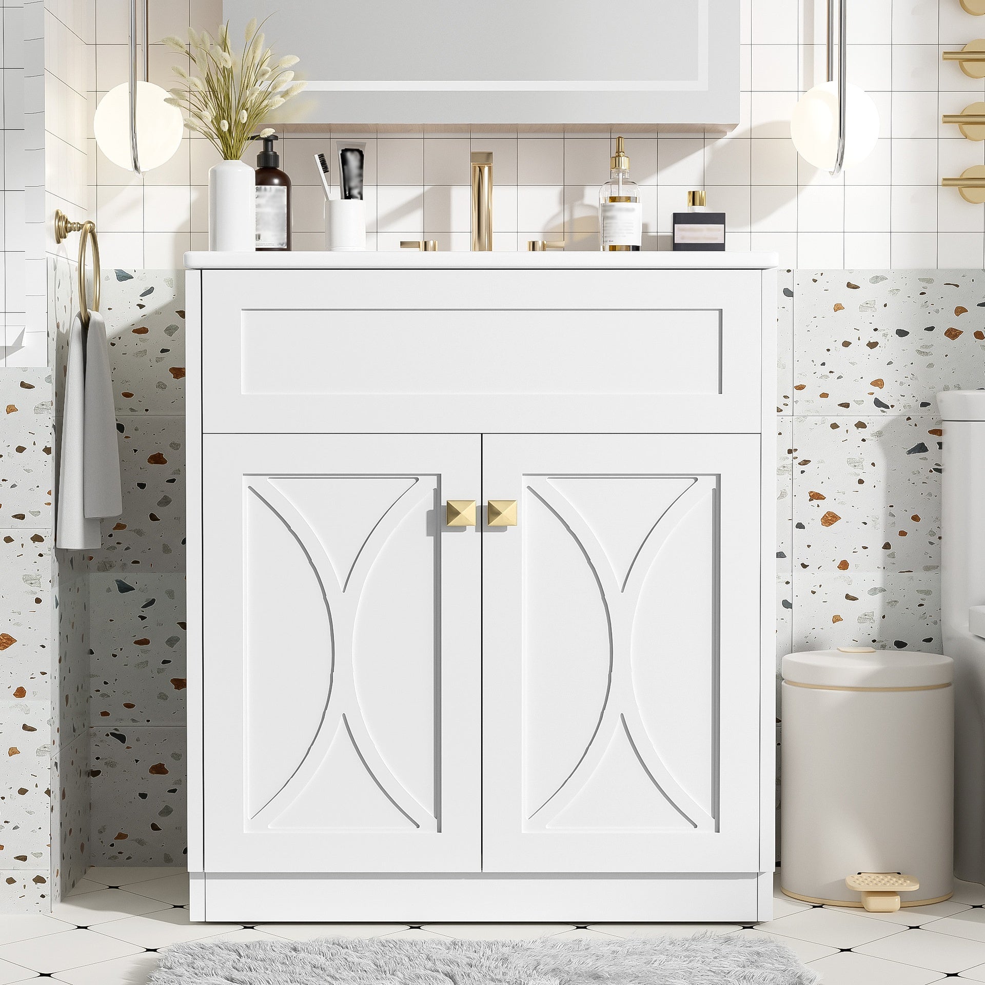 30'' Bathroom Vanity with Ceramic Sink Combo, Modern Freestanding Storage Cabinet  with Gold Handles,  Soft Closing Doors