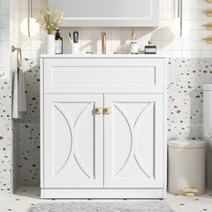 30'' Bathroom Vanity with Ceramic Sink Combo, Modern Freestanding Storage Cabinet  with Gold Handles,  Soft Closing Doors