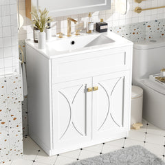 30'' Bathroom Vanity with Ceramic Sink Combo, Modern Freestanding Storage Cabinet  with Gold Handles,  Soft Closing Doors
