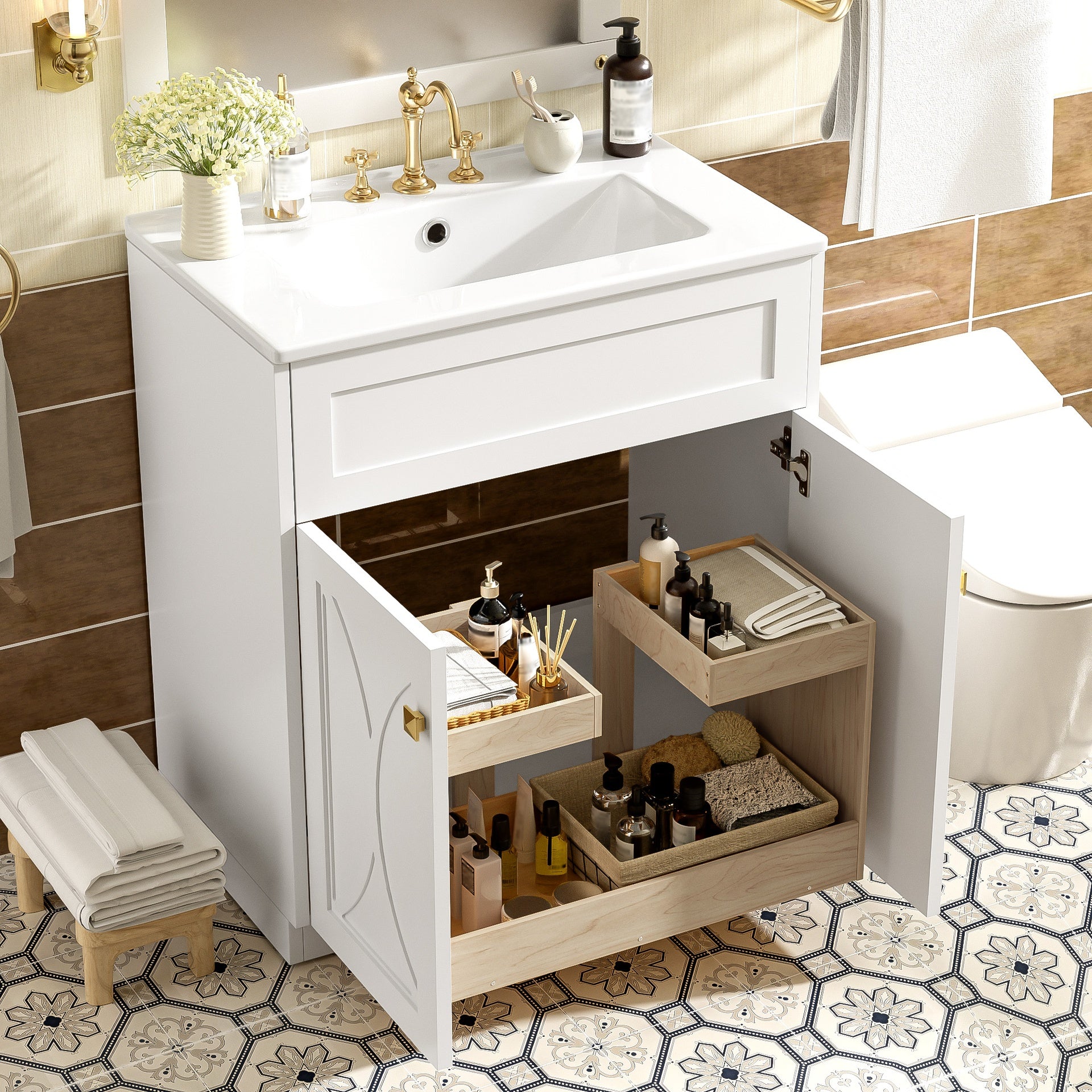 30'' Bathroom Vanity with Ceramic Sink Combo, Modern Freestanding Storage Cabinet  with Gold Handles,  Soft Closing Doors