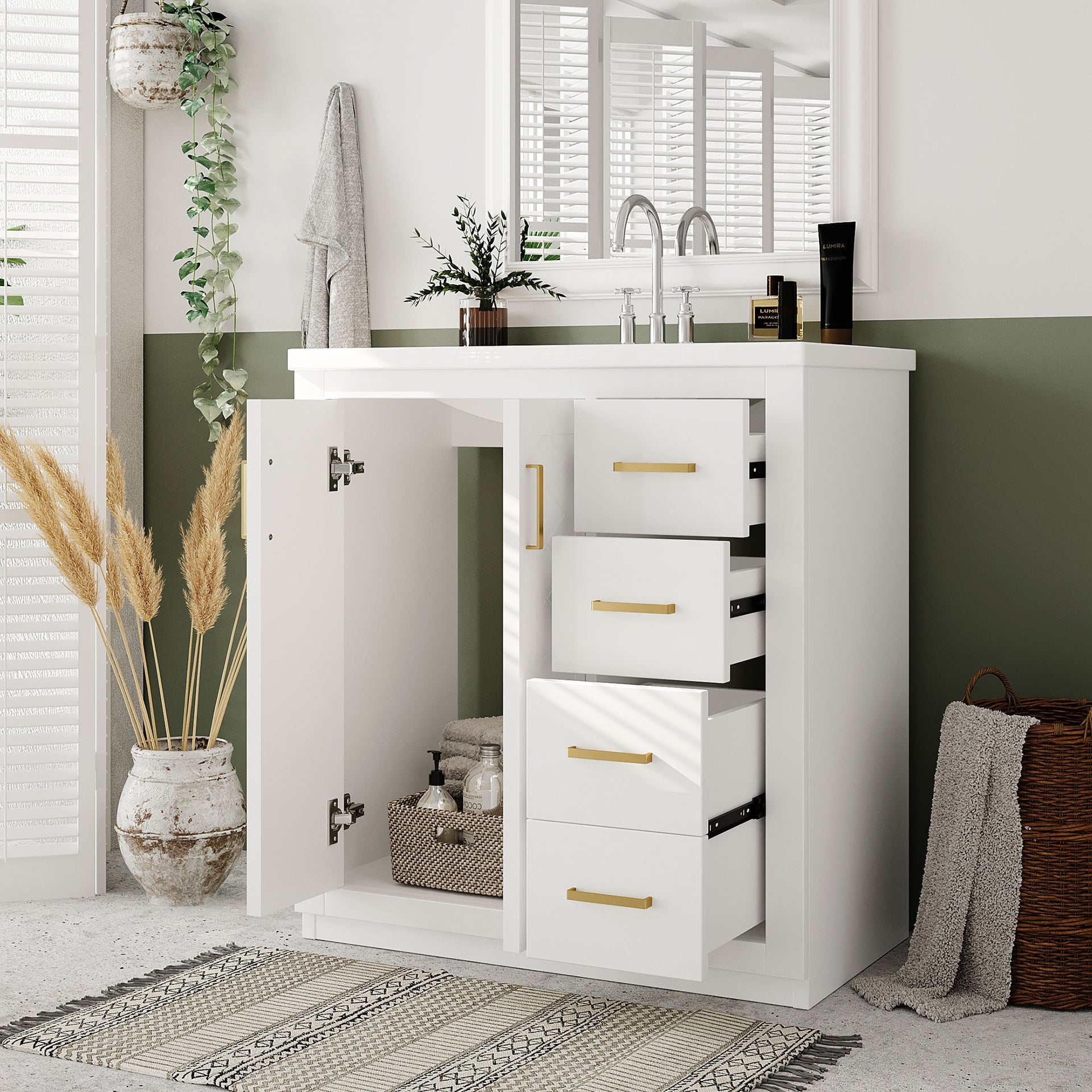 30'' Bathroom Vanity with Ceramic Sink Combo, Solid Wood Frame Bathroom Storage Cabinet, Freestanding Vanity Set with 3 Drawers& Soft Closing Doors