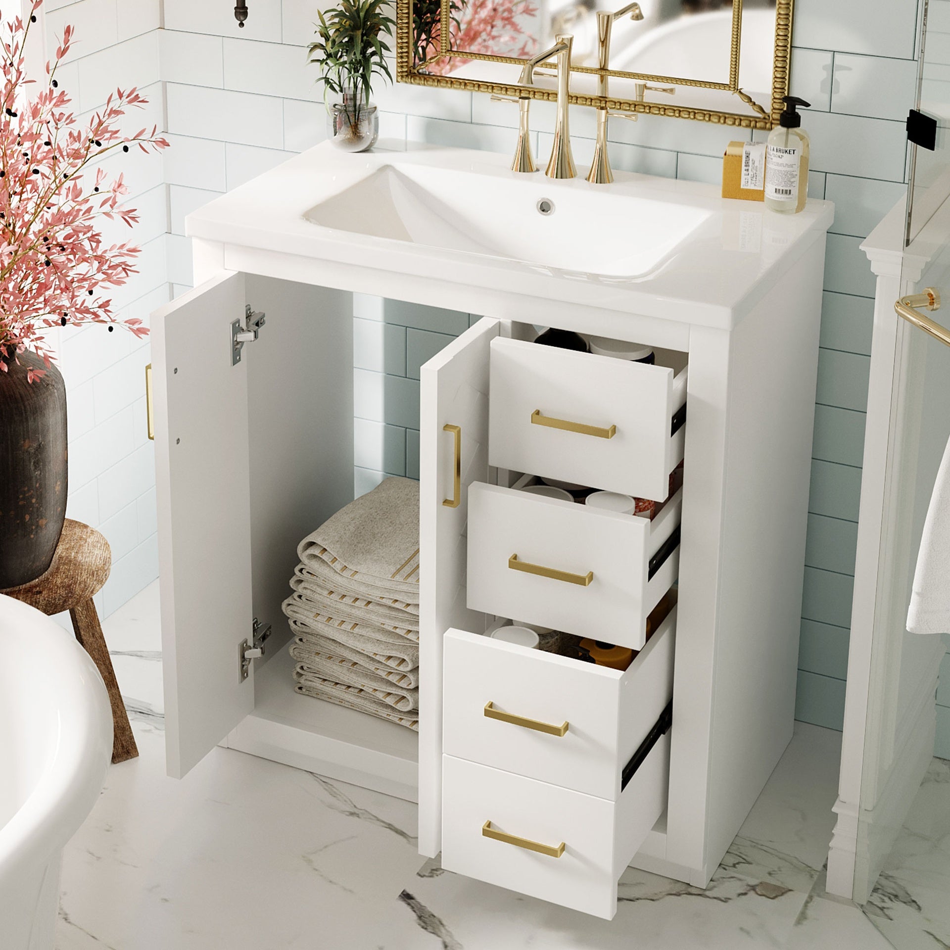 30'' Bathroom Vanity with Ceramic Sink Combo, Solid Wood Frame Bathroom Storage Cabinet, Freestanding Vanity Set with 3 Drawers& Soft Closing Doors