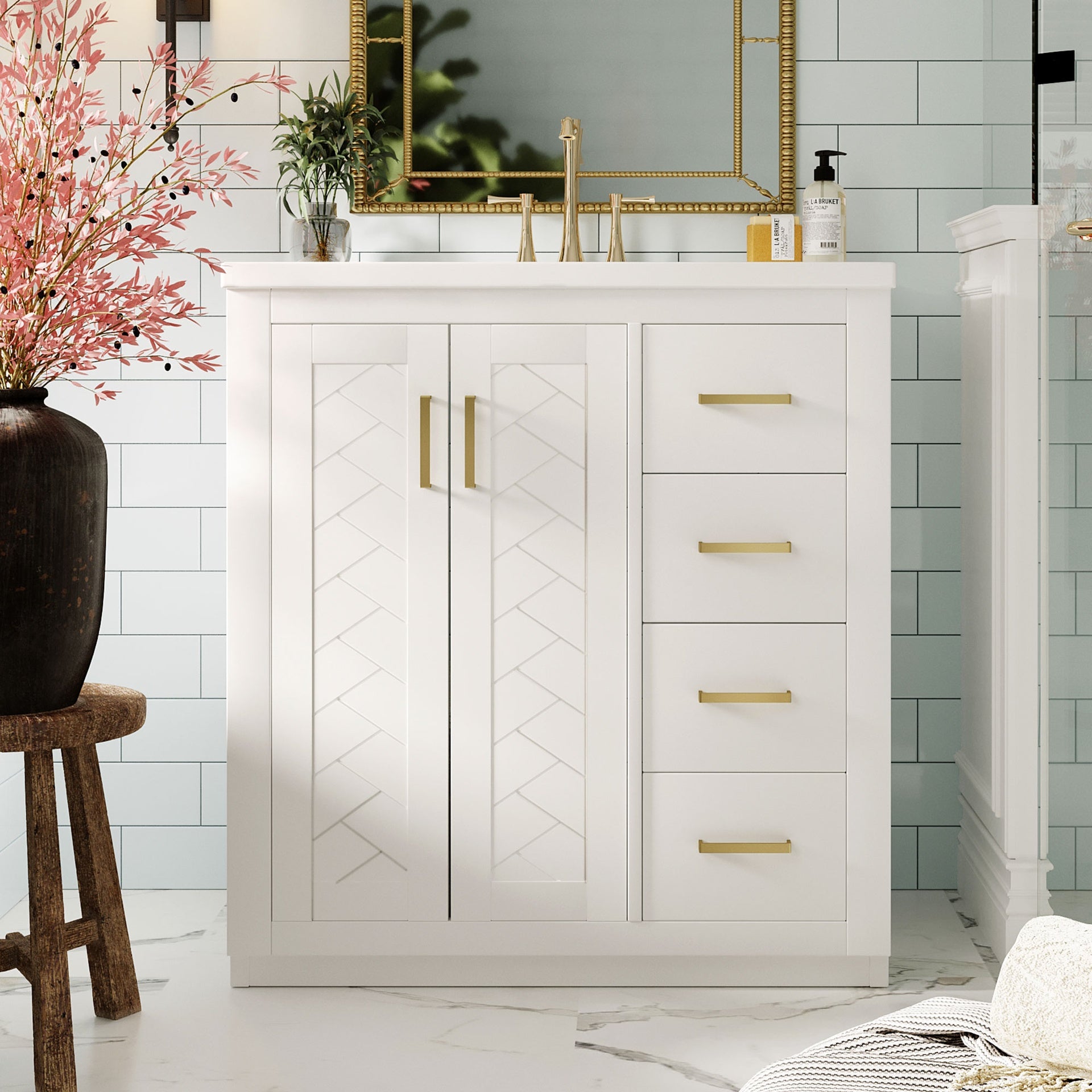 30'' Bathroom Vanity with Ceramic Sink Combo, Solid Wood Frame Bathroom Storage Cabinet, Freestanding Vanity Set with 3 Drawers& Soft Closing Doors