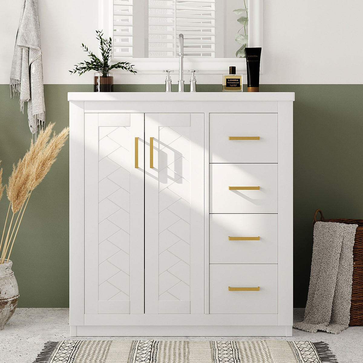 30'' Bathroom Vanity with Ceramic Sink Combo, Solid Wood Frame Bathroom Storage Cabinet, Freestanding Vanity Set with 3 Drawers& Soft Closing Doors