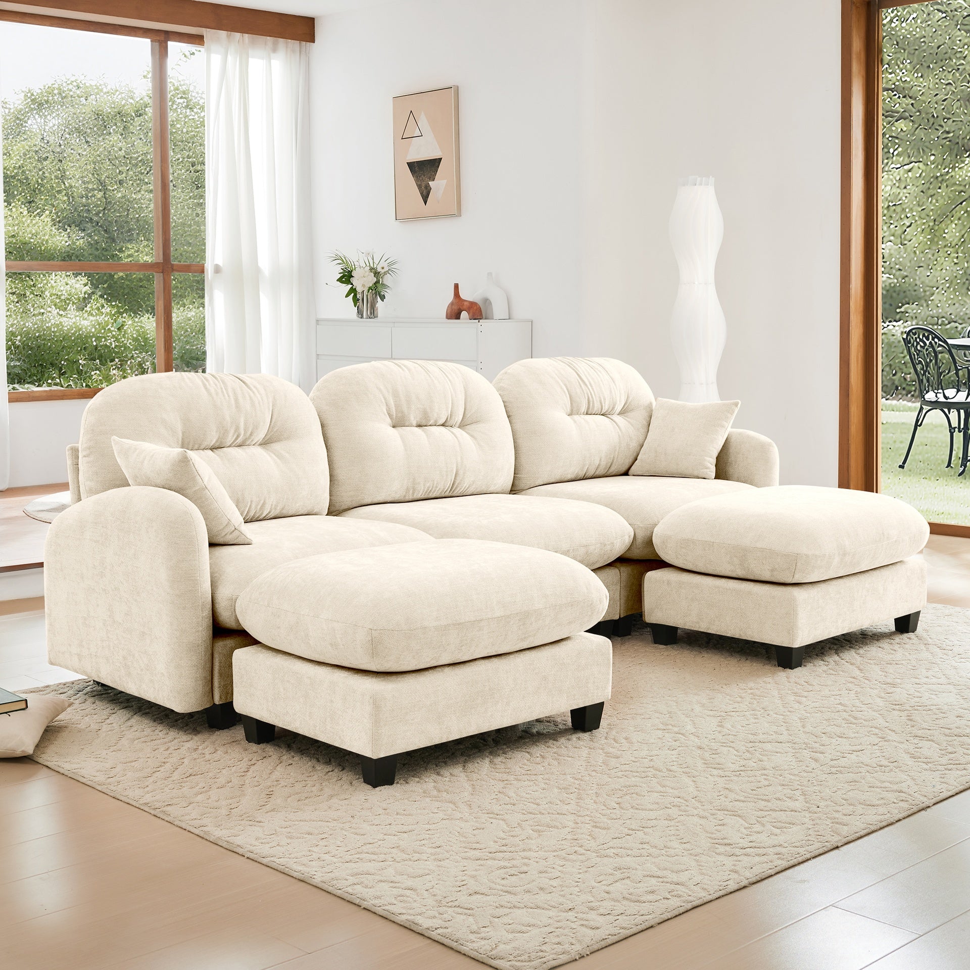 Modular Sectional U Shaped Couch With Ottoman, Premium Chenille Fabric,With 2 Throw Pillows, High-Density Foam  Tufted Cushion Backrest Design,Easy Install,Fits Bedrooms,Reading Nooks,Beige
