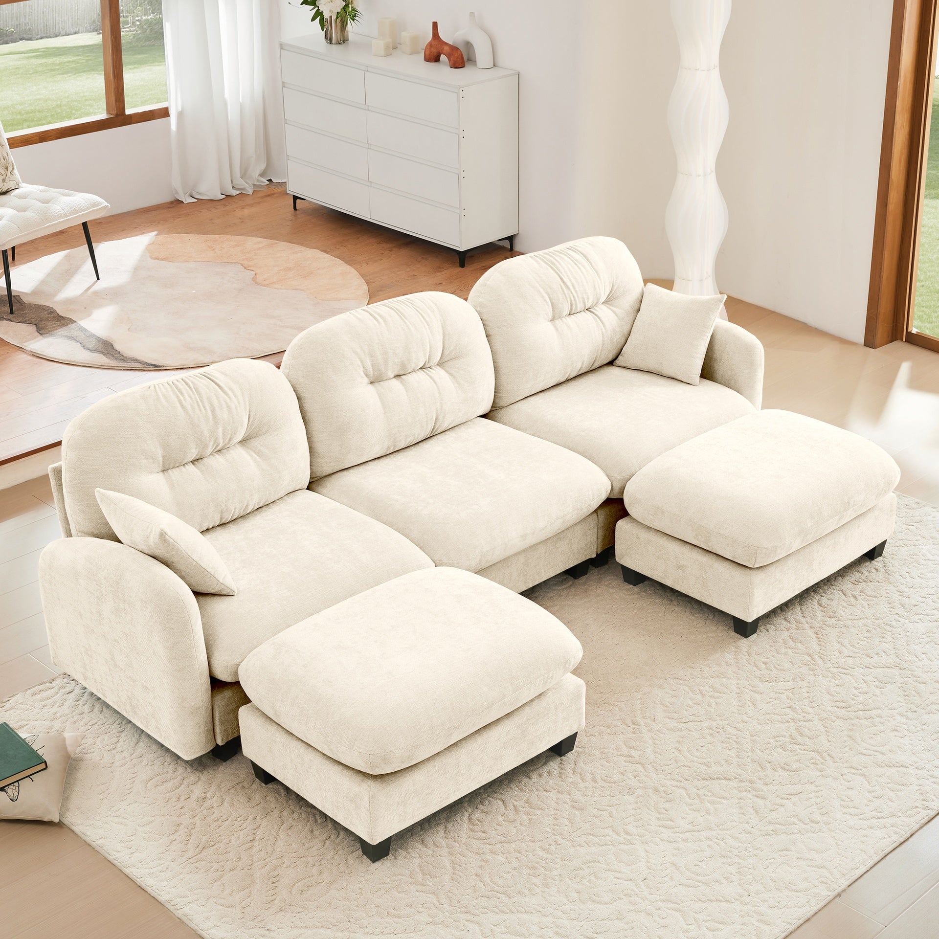 Modular Sectional U Shaped Couch With Ottoman, Premium Chenille Fabric,With 2 Throw Pillows, High-Density Foam  Tufted Cushion Backrest Design,Easy Install,Fits Bedrooms,Reading Nooks,Beige