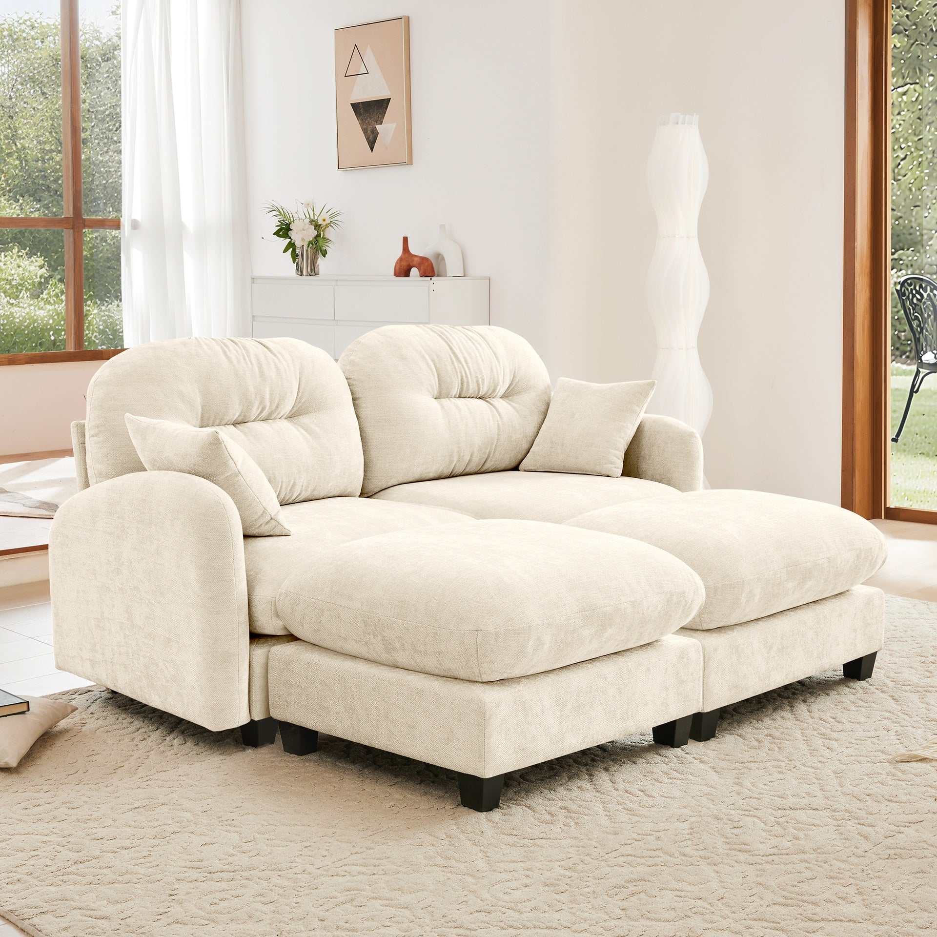 Cloud Sectional Couches,Premium Chenille Fabric Paired With Soft Throw Pillows ,Tufted Cushion Backrest Design  High-Density Foam Ergonomic Design Easy Install Elegant Armrests,Fits Bedrooms,Beige