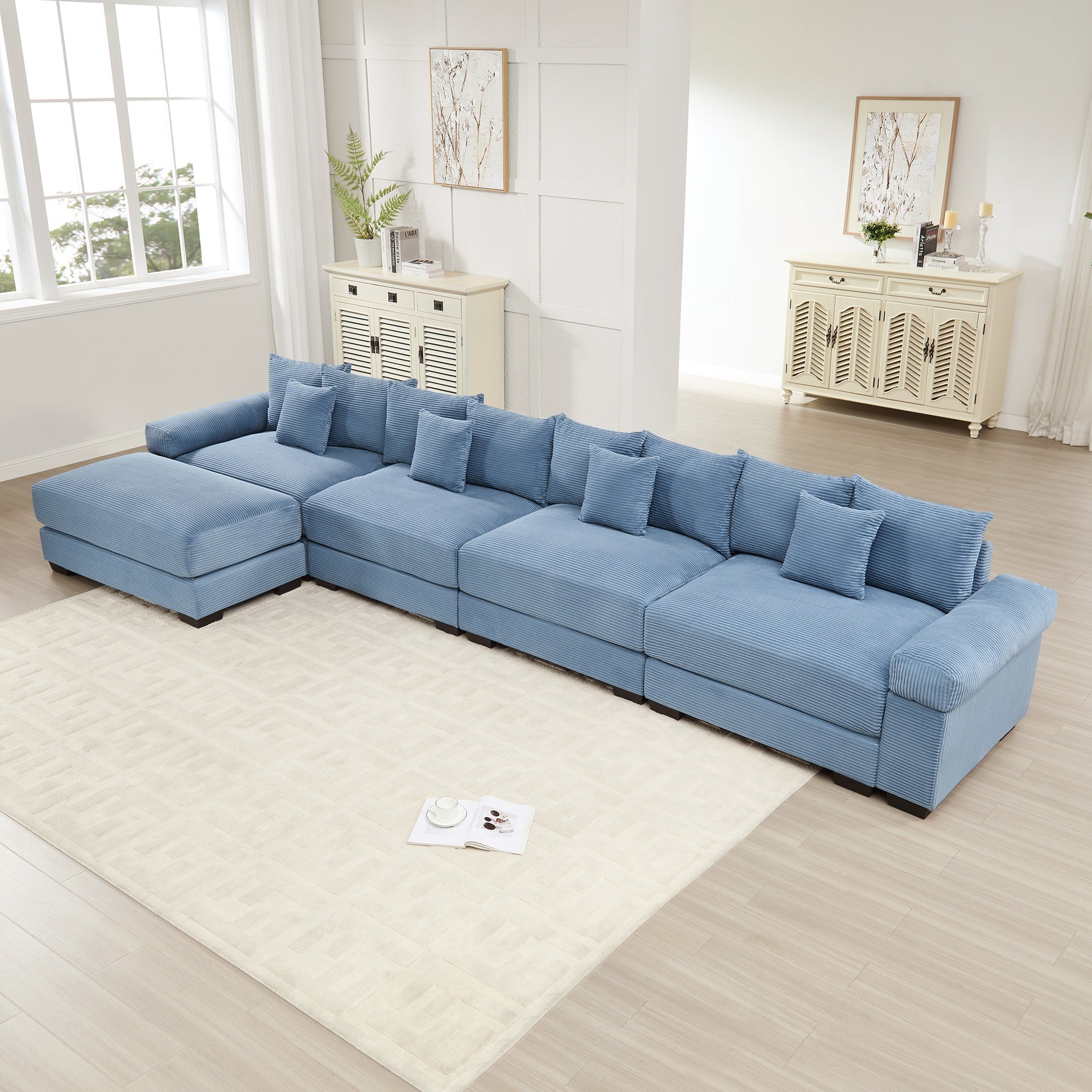 170"Oversized Cloud Modular L-Shape Sectional Couch,Soft Corduroy Fabric, With An Ottoman,Deep Seat Wide Armrests, Ergonomic Design,12 Throw Pillows,Easy Assembly,For Living Rooms Studies,Blue