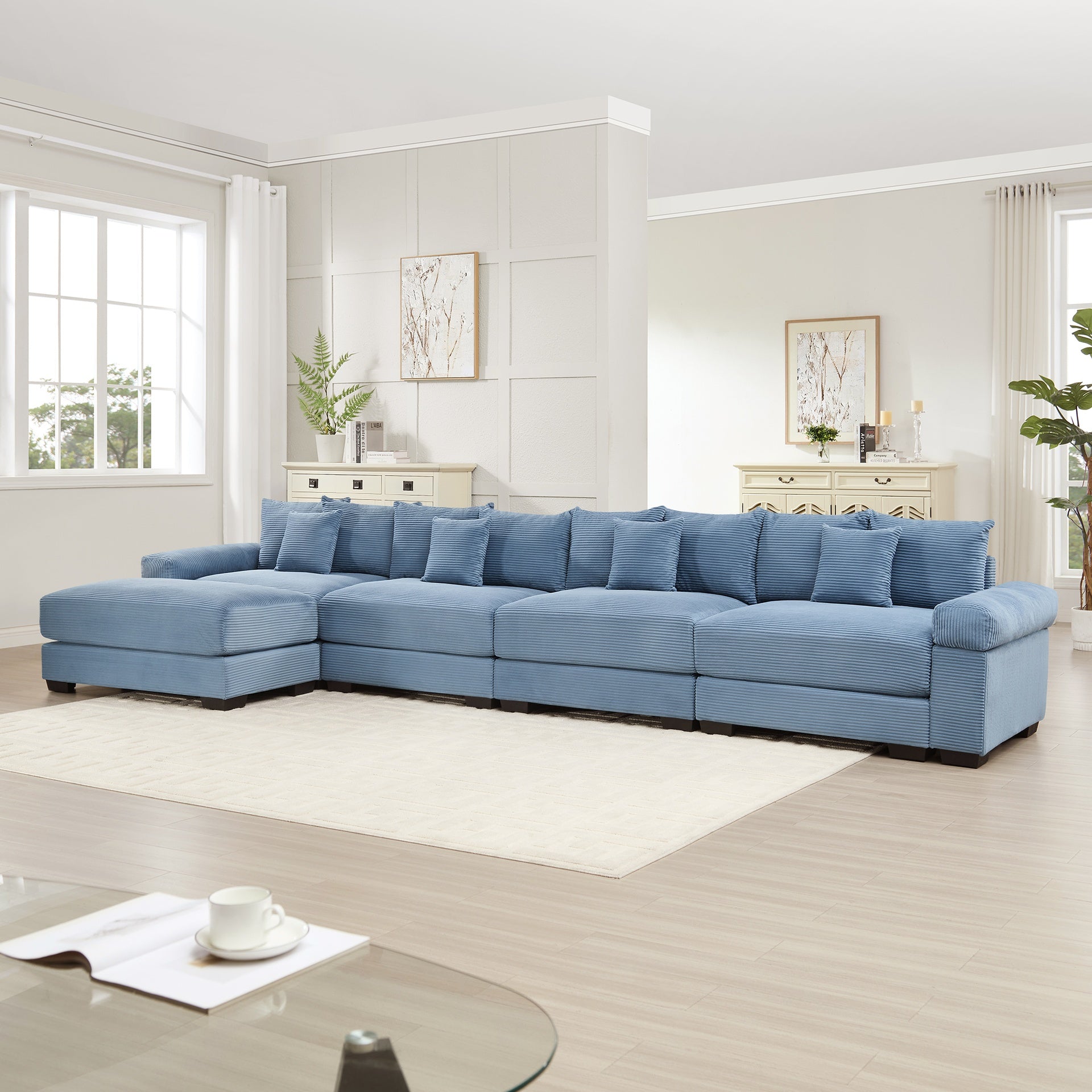 170"Oversized Cloud Modular L-Shape Sectional Couch,Soft Corduroy Fabric, With An Ottoman,Deep Seat Wide Armrests, Ergonomic Design,12 Throw Pillows,Easy Assembly,For Living Rooms Studies,Blue