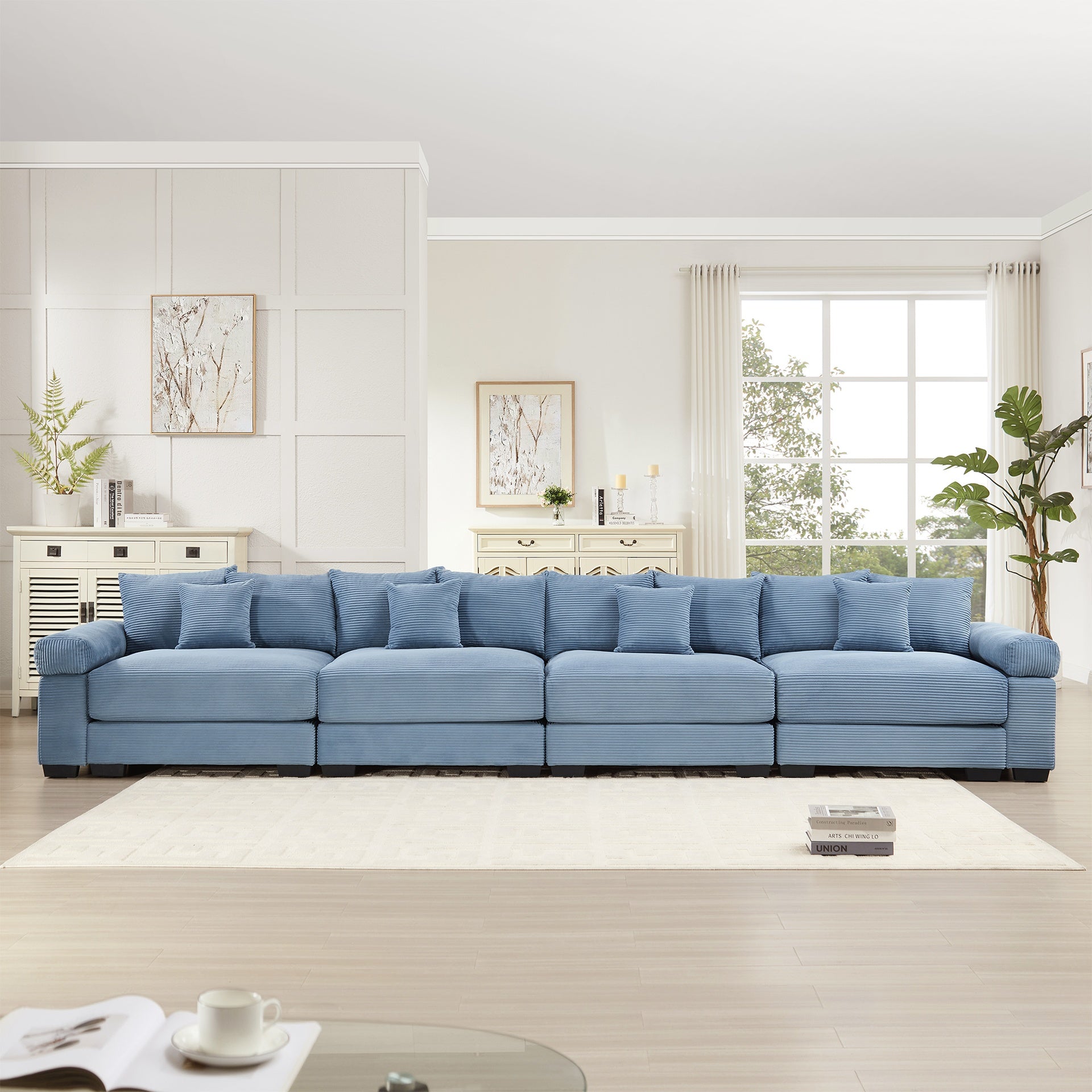 170" Oversized Cloud Modular Sectional Couch, Premium Corduroy 3-Seater Extra-Thick Armrests, Good Resilience Cushion, 12 Throw Pillows, Ergonomic Design, Easy Assembly,For Living Rooms,Blue