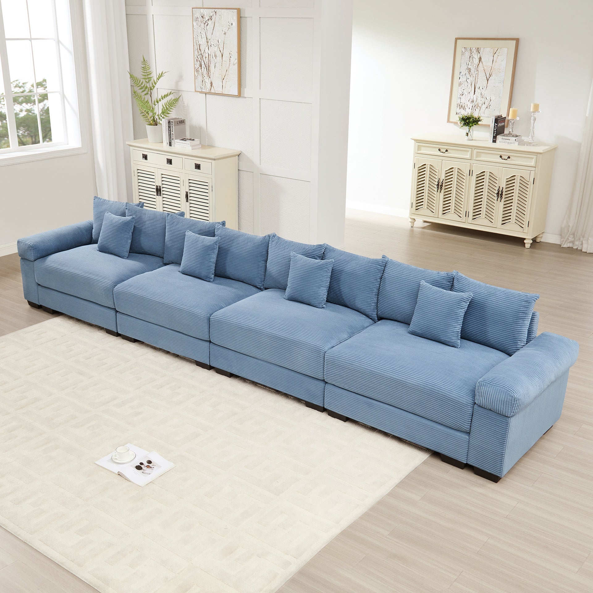 170" Oversized Cloud Modular Sectional Couch, Premium Corduroy 3-Seater Extra-Thick Armrests, Good Resilience Cushion, 12 Throw Pillows, Ergonomic Design, Easy Assembly,For Living Rooms,Blue