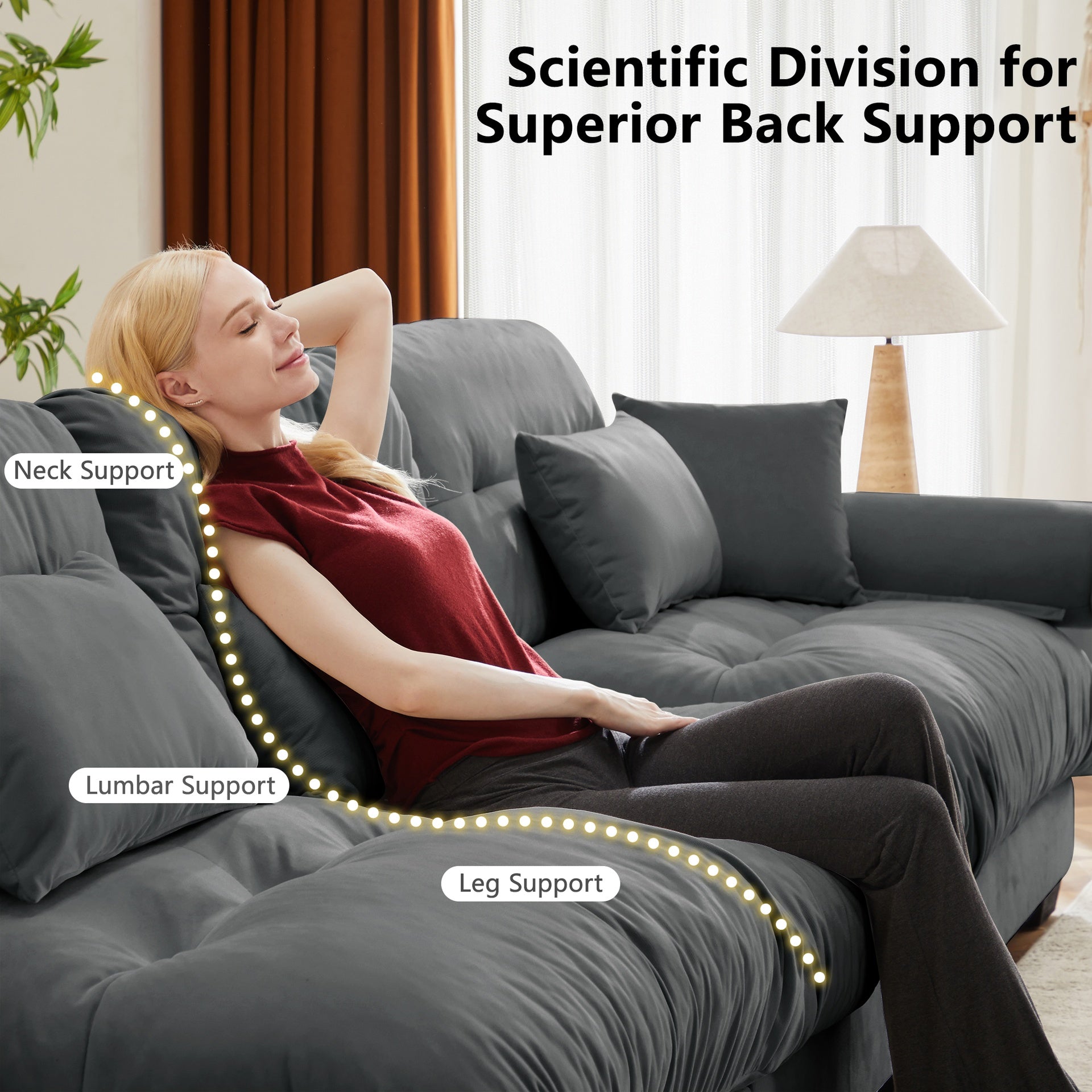 Extra Large 3 Seat Modern Velvet Sofa, Oversize Sofa, Clould Like Comfortable Seat and Back Support, With Waist Pillows and Throw Pillows,Grey