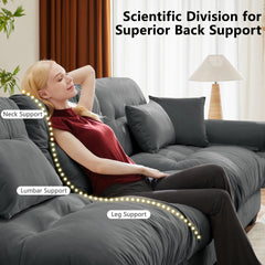 Extra Large 3 Seat Modern Velvet Sofa, Oversize Sofa, Clould Like Comfortable Seat and Back Support, With Waist Pillows and Throw Pillows,Grey