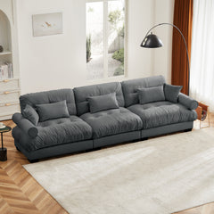 Extra Large 3 Seat Modern Velvet Sofa, Oversize Sofa, Clould Like Comfortable Seat and Back Support, With Waist Pillows and Throw Pillows,Grey