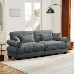 Large Size Modern Two-seater Sofa with Bolstered Armrests,Velvet 2-Seater Sofa With Waist Pillows and Throw Pillows , Suitable for Living Room , Loft, Working Spaces , Hallway and Bedroom,Grey