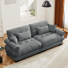 Large Size Modern Two-seater Sofa with Bolstered Armrests,Velvet 2-Seater Sofa With Waist Pillows and Throw Pillows , Suitable for Living Room , Loft, Working Spaces , Hallway and Bedroom,Grey