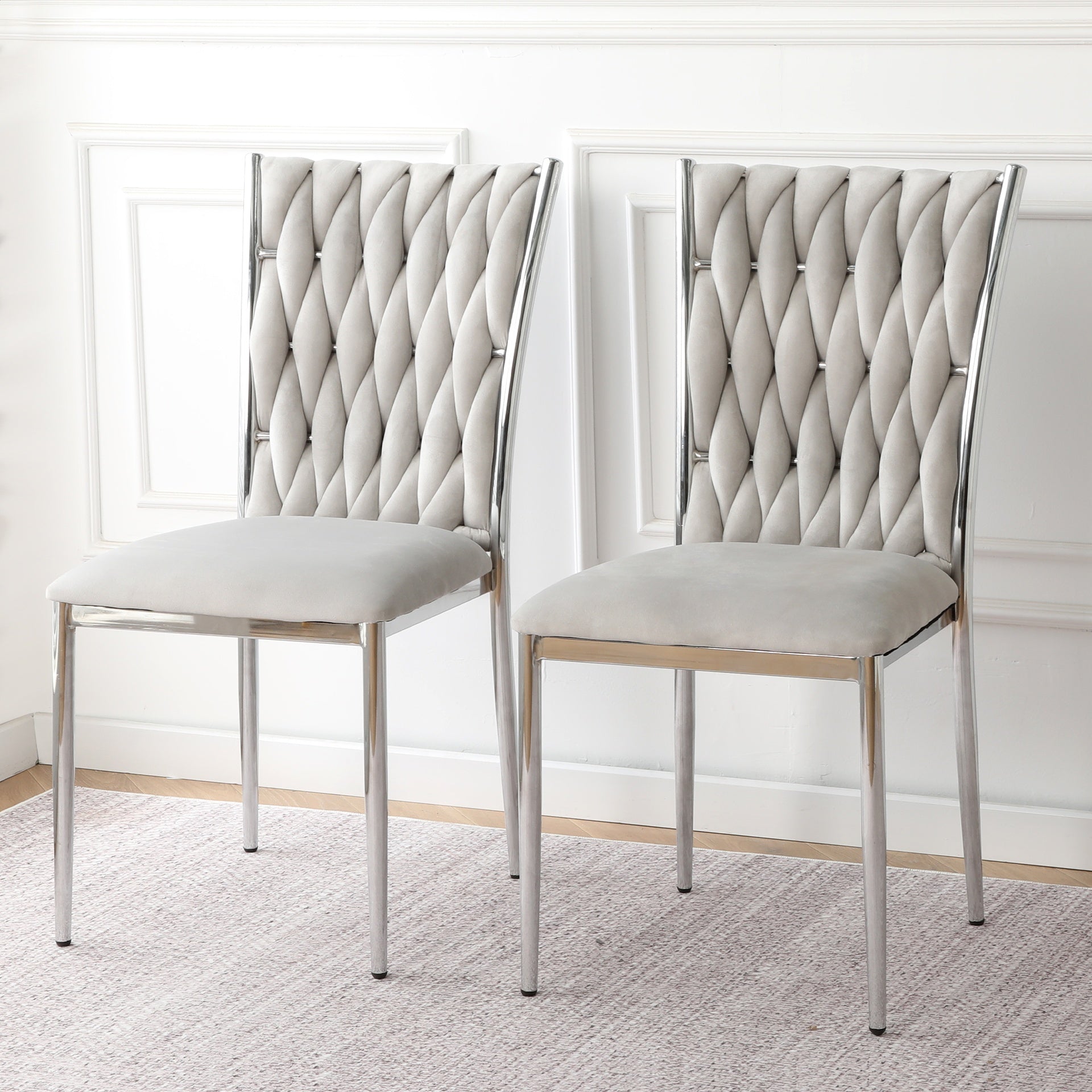 Modern simple Light gray velvet dining chair, family bedroom stool back student table chair, Electroplated metal chair legs, suitable for dining room kitchen bedroom (set of 2)