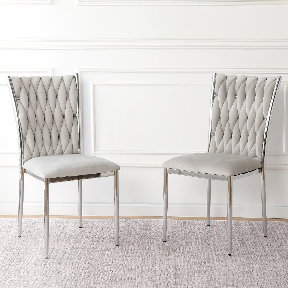 Modern simple Light gray velvet dining chair, family bedroom stool back student table chair, Electroplated metal chair legs, suitable for dining room kitchen bedroom (set of 2)