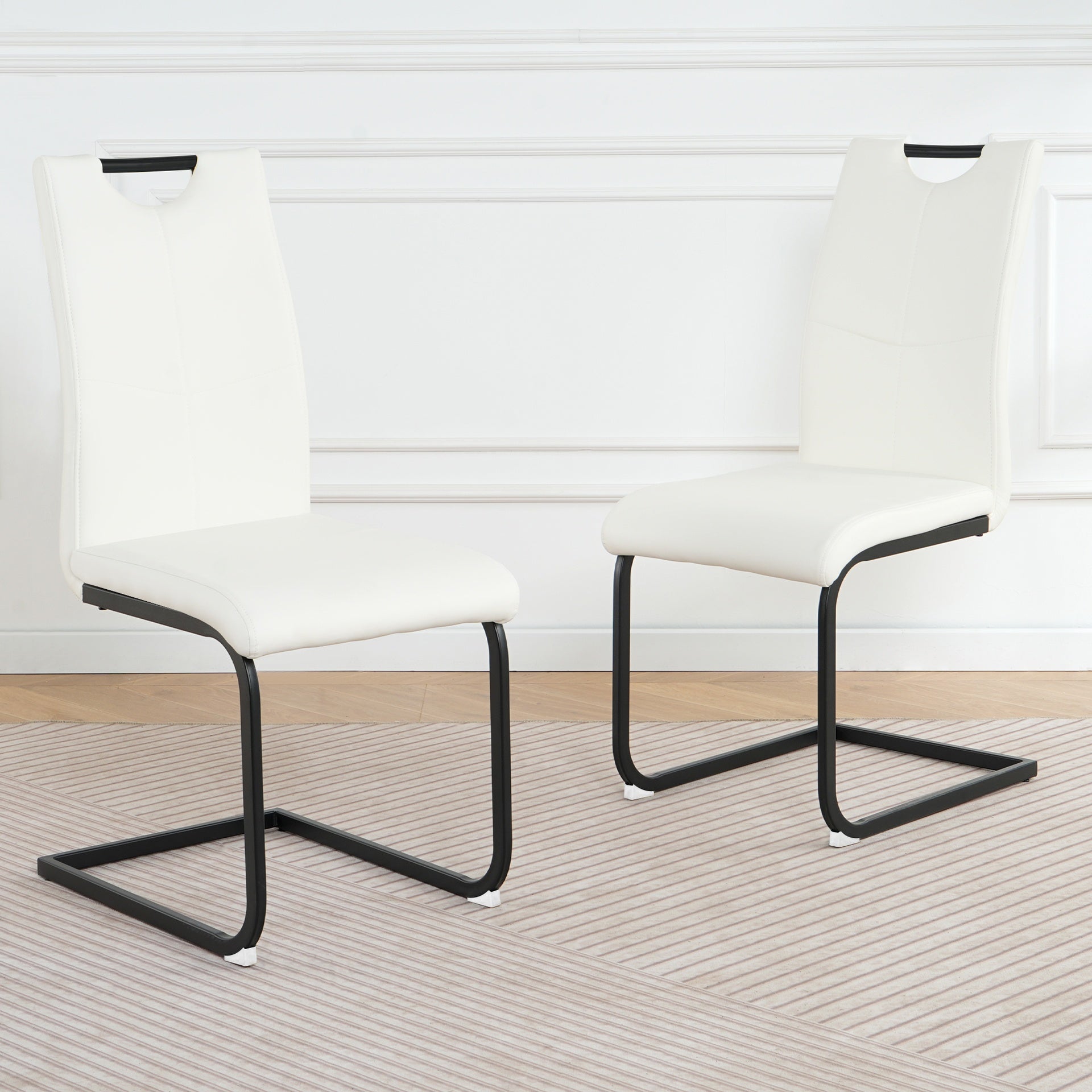 Modern  White PU dining chair living room chair upholstered chair, black metal chair leg design, kitchen, living room, bedroom, dining room side chair (Set of 2)