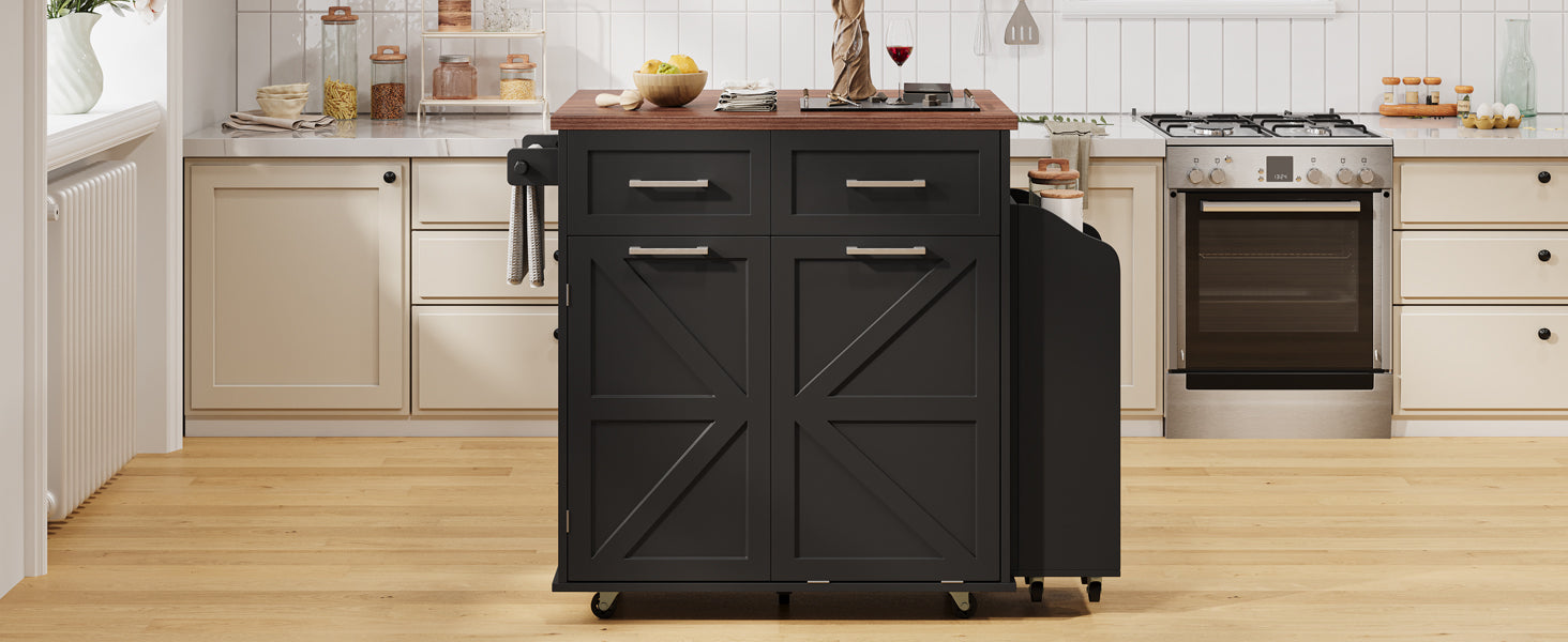 K&K 47.2" Farmhouse Kitchen Island with Drop Leaf, Kitchen Storage Island with Removable Side Racks, Two Drawers, Rolling Kitchen Cart on Wheels with Towel Rack, for Home, Kitchen, Dining Room, Black