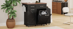 K&K 47.2" Farmhouse Kitchen Island with Drop Leaf, Kitchen Storage Island with Removable Side Racks, Two Drawers, Rolling Kitchen Cart on Wheels with Towel Rack, for Home, Kitchen, Dining Room, Black