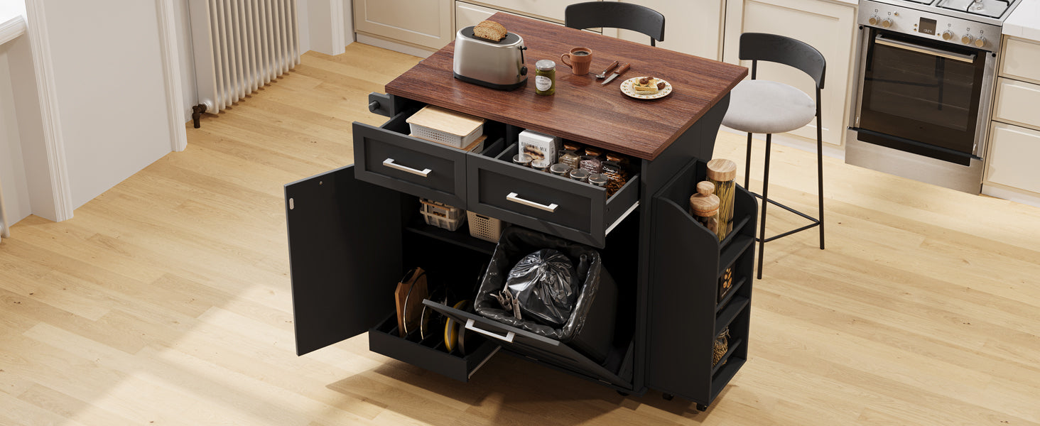 K&K 47.2" Farmhouse Kitchen Island with Drop Leaf, Kitchen Storage Island with Removable Side Racks, Two Drawers, Rolling Kitchen Cart on Wheels with Towel Rack, for Home, Kitchen, Dining Room, Black