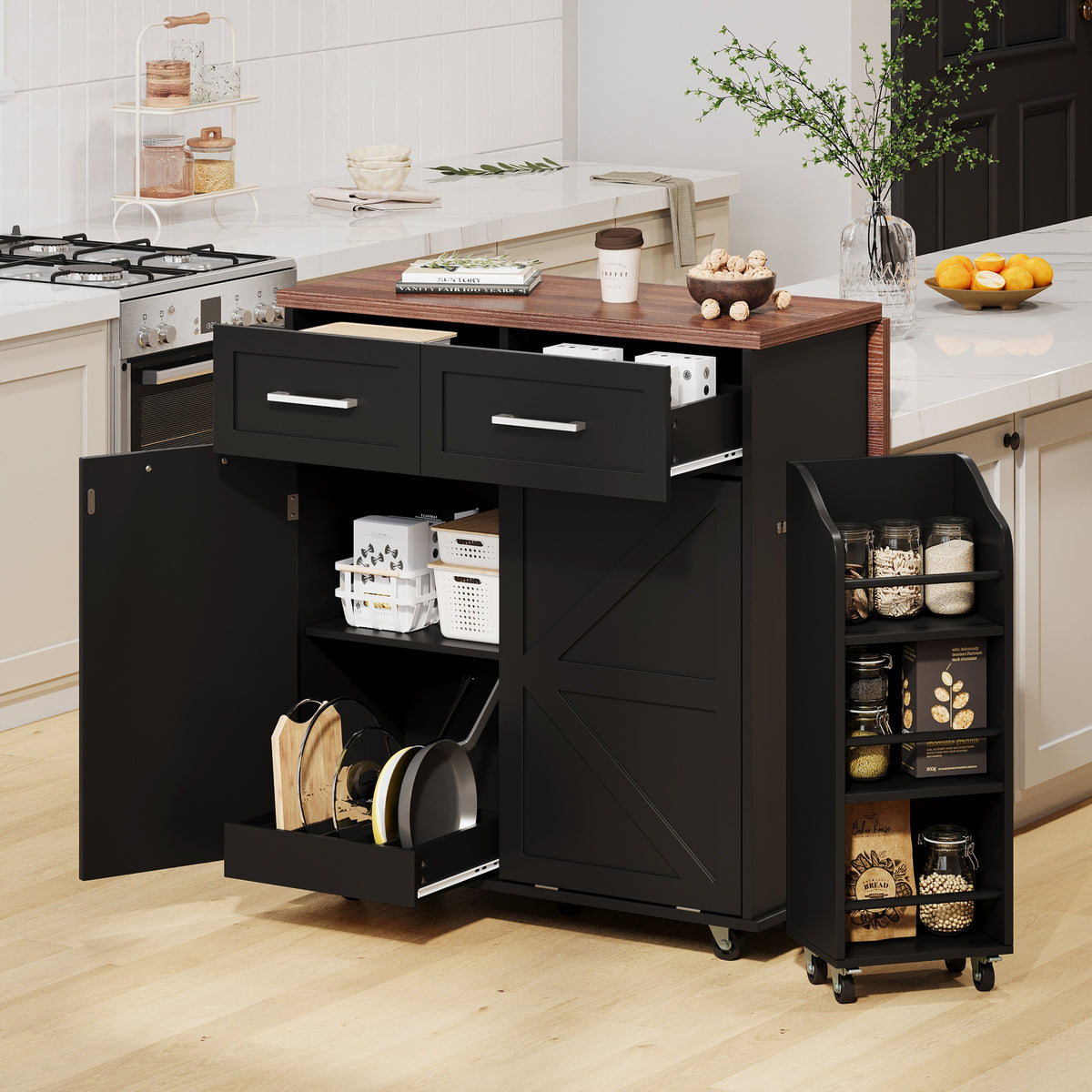 K&K 47.2" Farmhouse Kitchen Island with Drop Leaf, Kitchen Storage Island with Removable Side Racks, Two Drawers, Rolling Kitchen Cart on Wheels with Towel Rack, for Home, Kitchen, Dining Room, Black