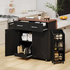 K&K 47.2" Farmhouse Kitchen Island with Drop Leaf, Kitchen Storage Island with Removable Side Racks, Two Drawers, Rolling Kitchen Cart on Wheels with Towel Rack, for Home, Kitchen, Dining Room, Black