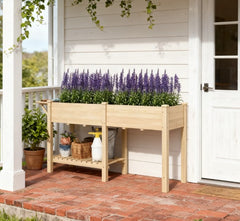 Elevated Garden Bed,Wood Raised Garden Box,with Side Table,Bottom Shelf,Bed Liners and Drainage Holes