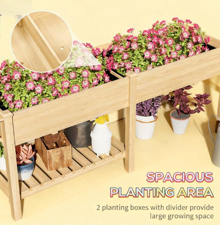 Elevated Garden Bed,Wood Raised Garden Box,with Side Table,Bottom Shelf,Bed Liners and Drainage Holes