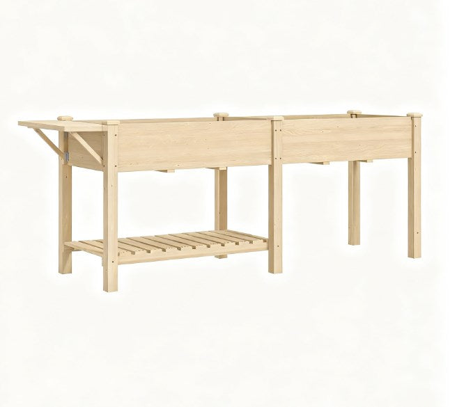 Elevated Garden Bed,Wood Raised Garden Box,with Side Table,Bottom Shelf,Bed Liners and Drainage Holes