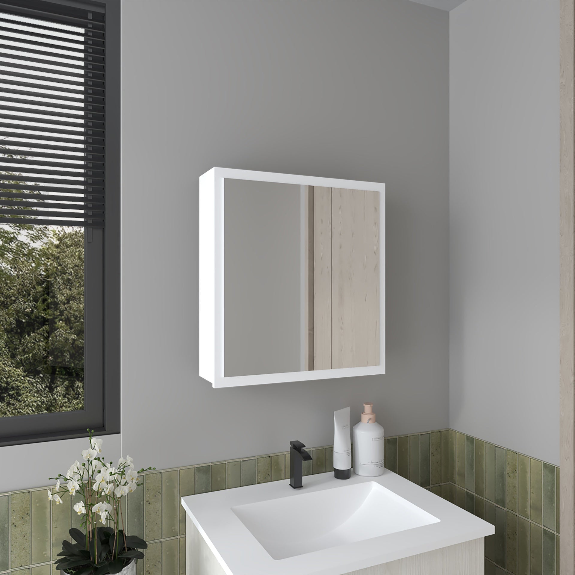Medicine Cabinet 21.1" H, 1 Door, 4 Shelves, 1 Mirror, White