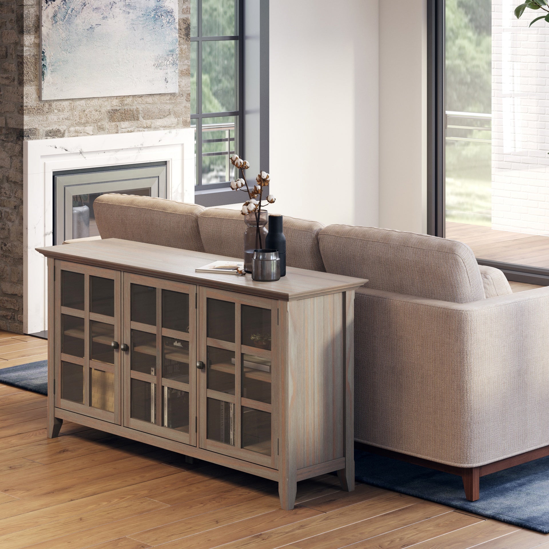 Acadian 62 inch Wide Solid Wood Wide Storage Cabinet in Distressed Grey
