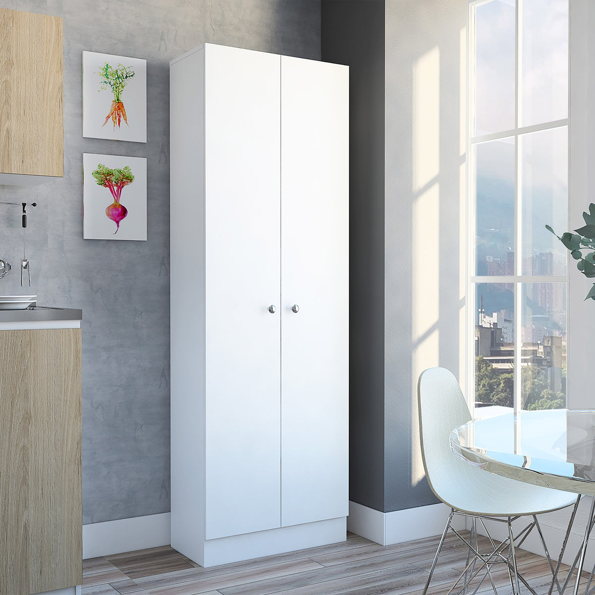 Multistorage Pantry Cabinet, Five Shelves, Double Door Cabinet -White