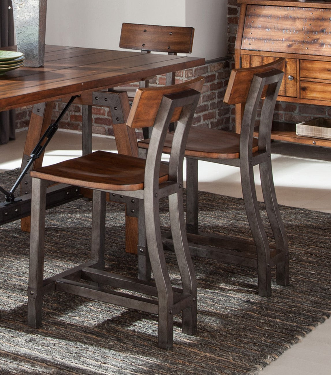 Rustic Brown and Gunmetal Finish 5pc Dining Set Counter Height Table And 4x Counter Height Chairs Industrial Design Wooden Dining Furniture