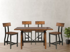 Rustic Brown and Gunmetal Finish 5pc Dining Set Counter Height Table And 4x Counter Height Chairs Industrial Design Wooden Dining Furniture